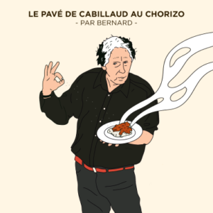 une personne tient un cabillaud au chorizo dans la main